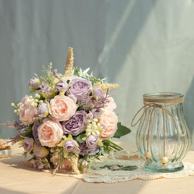 Artificial Peonies Silk Flowers Bouquet in Glass Vase Faux Flowers Bouquets Modern Penoy Arrangement for Home Decoration Table Centerpiece (Bouquet-Pink Purple)