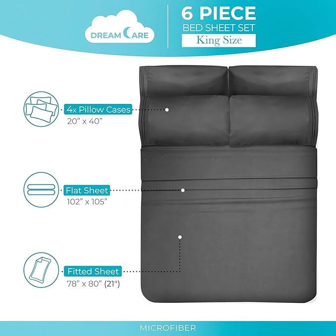 DREAMCARE King Size Sheets Set – 6 pcs Cooling Bed Sheets – up to 15” Deep Pocket King Sheet Set – 2500 Supreme Collection – Extra Soft 100% Brushed Microfiber Hotel Luxury with Side Pocket – D Gray
