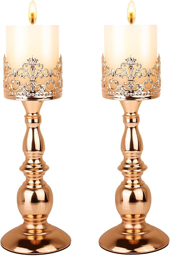 Candle Holders for Pillar Candles Gothic Matte Black Vintage Tall Candle Holders Set of 2 Decorative Large Table Centerpieces Candle Stand Decor (Gold 2PCS A)