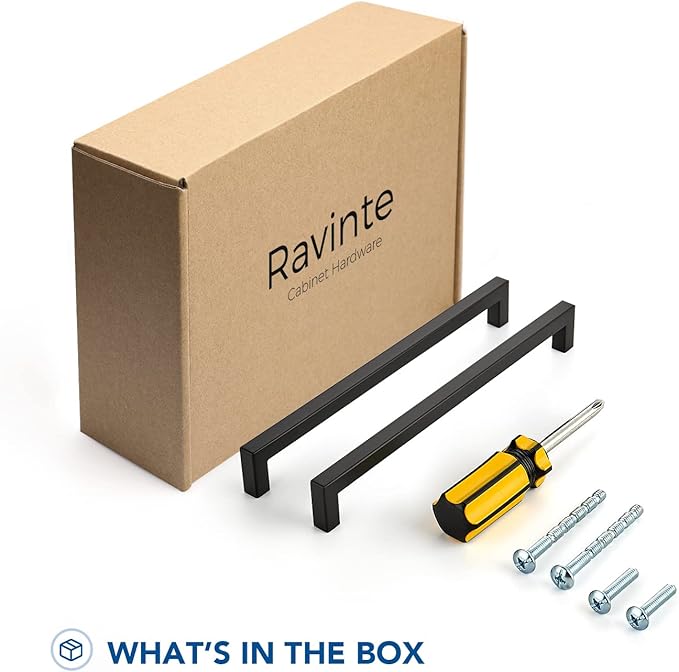 Ravinte 5 Pack Black Cabinet Pulls 10 Inch Square Kitchen Cabinet Handles Matte Black Kitchen Hardware for Drawer Pulls Drawer Handles Come with Screwdriver