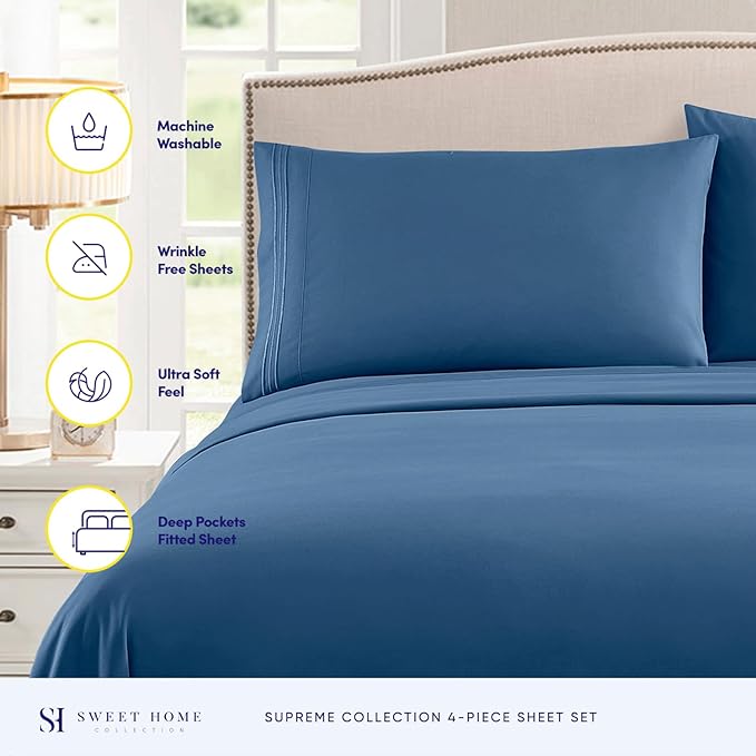 Split King Sheets - Breathable Luxury Sheets with Full Elastic & Secure Corner Straps Built In - 1800 Supreme Collection Extra Soft Deep Pocket Bedding Set, Sheet Set, Split King Size, Denim