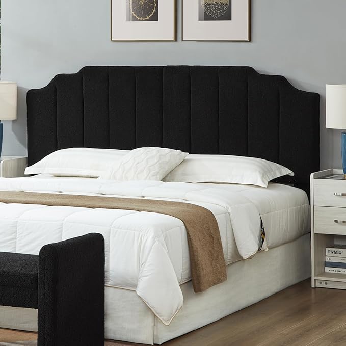 24KF Black Teddy Fabric Tufted King Upholstered Headboard, Modern Vertical Channel Design California King Headboard with Stepped Silhouette Top Edge,6026-K-Teddy Black
