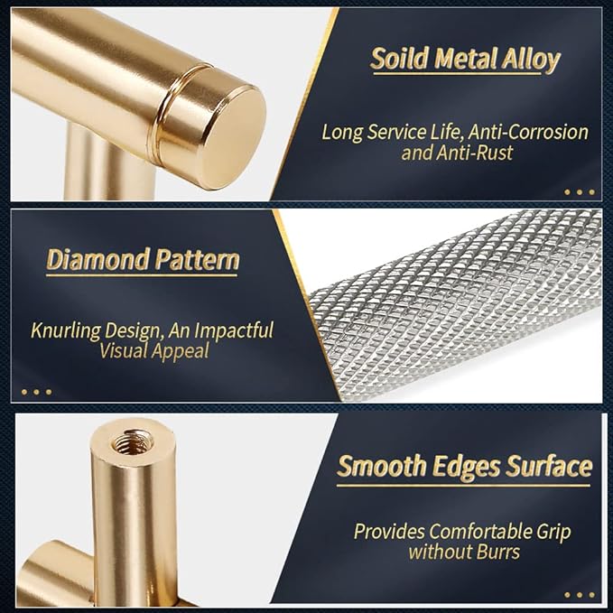 Knurled Cabinet Pulls 2 Pack, 4 Inch Long Cabinet Handles Metal Door Pulls, Kitchen Drawer Pull Knurled Dresser Handles - 3" Hole to Hole, Grey & Gold