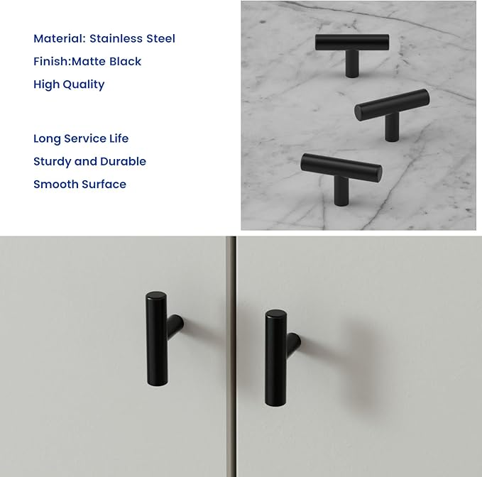 LONTAN 30 Pack Black Knobs for Cabinets and Drawers Kitchen Cabinet Knobs for Dresser Bathroom Modern T Bar Furniture Black Hardware,Stainless Steel