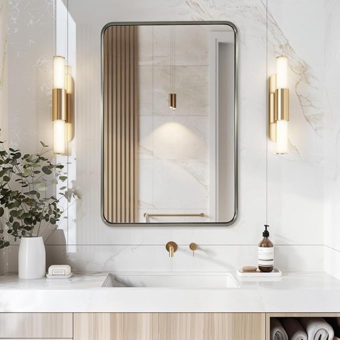 ANDY STAR Chrome Mirrors for Bathroom, 24x36’’ Rounded Rectangle Mirror, Chrome Bathroom Vanity Mirror, SUS304-Anti-Rust, Wall-Mounted Horizontal/Vertical 1’’ Deep