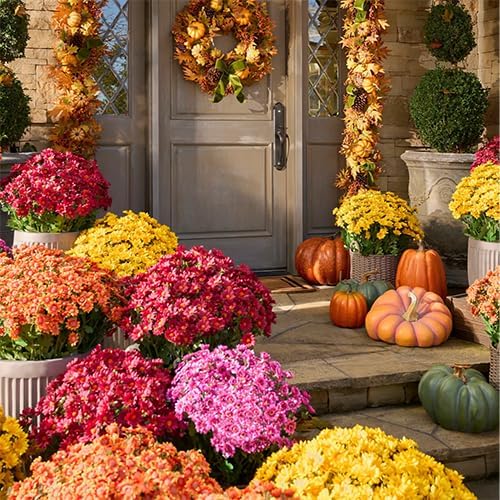 Artificial Mums for Outdoors, Faux Sunset Mum Flowers Planters for Indoor Outside Decor, Fake Look Real, Vibrant, UV Resistant, Waterproof, Windproof (Yellow, 5 Bundle)