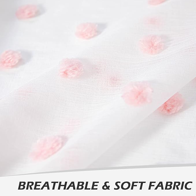 MYSKY HOME Short Curtains for Kitchen Windows Pink Pom Pom Curtains for Bedroom Light Filtering White Sheer Curtains for Nursery Cafe Bathroom Privacy Rod Pocket Bohemian Voile 38 x 45 inch 2 Panels