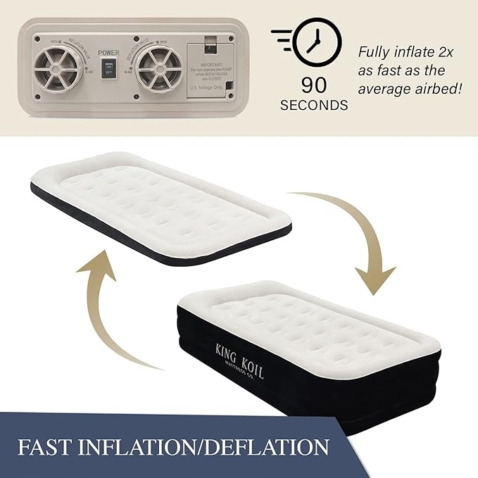 King Koil Plush Pillow Top Luxury Twin Air Mattress with Built-in High-Speed Pump for Camping, Home & Guests - 16" Airbed Inflatable Blow Up Mattress, Waterproof, 1-Year Manufacturer Warranty.