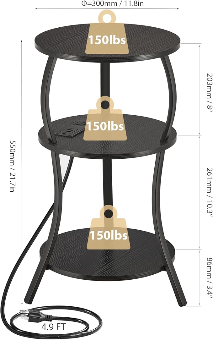Small Round Side Table with Charging Station, 3-Tier Waist Circular End Table with Storage Shelf, Compact Tea Sofa Side Table Small Spaces, Round Corner Coffee Table for Living Room Bedroon,Black