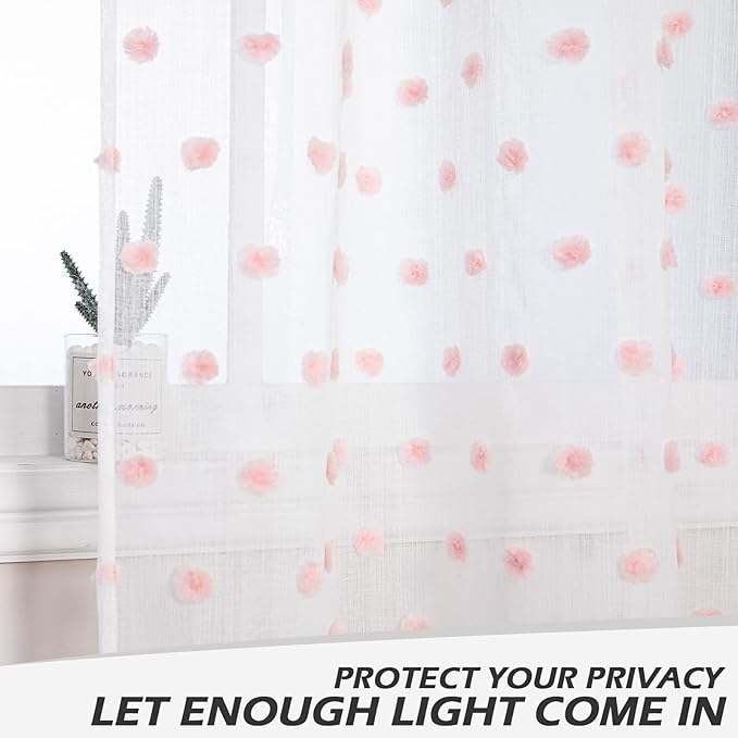 MYSKY HOME Pink Curtains for Living Room 84 Inch Long Pom Pom Bedroom White Sheer Curtains for Nursery Girls Light Filtering Rod Pocket Bohemian Voile Window Drapes 38 x 84 in 2 Panels