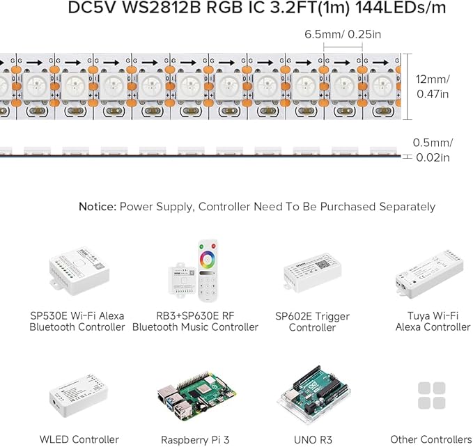 BTF-LIGHTING WS2812B IC RGB 5050SMD Pure Gold Individual Addressable LED Strip 3.28FT 144LED 144Pixel/m Flexible Full Color IP65 DC5V for DIY Chasing Color Project(No Adapter or Controller)