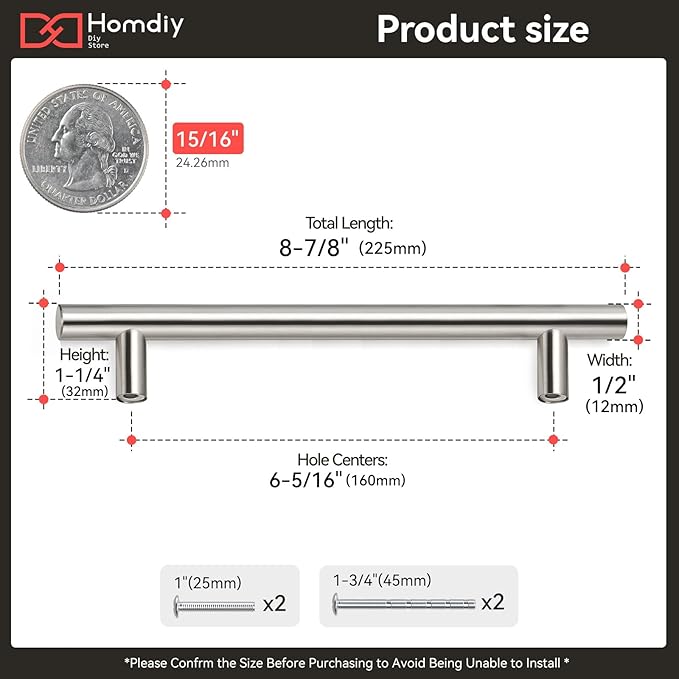 homdiy Brushed Nickel Cabinet Handles Kitchen Pulls Stainlees Steel 6-1/4inch(160mm) Hole Centers - Europe Bedroom Drawer Dresser Cabinet pulls 40Pack