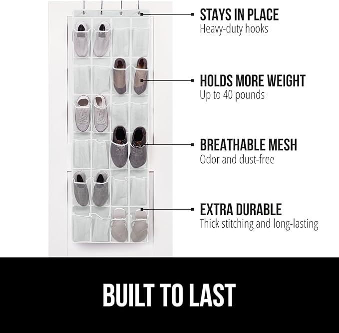 GORILLA GRIP Over the Door Shoe Organizer, 24 Extra Large Breathable Mesh Pockets, Space Saving Hanging Storage Holder, 4 Hook Closet Rack Hanger, Hangs on Closets for Shoes and Accessories, White