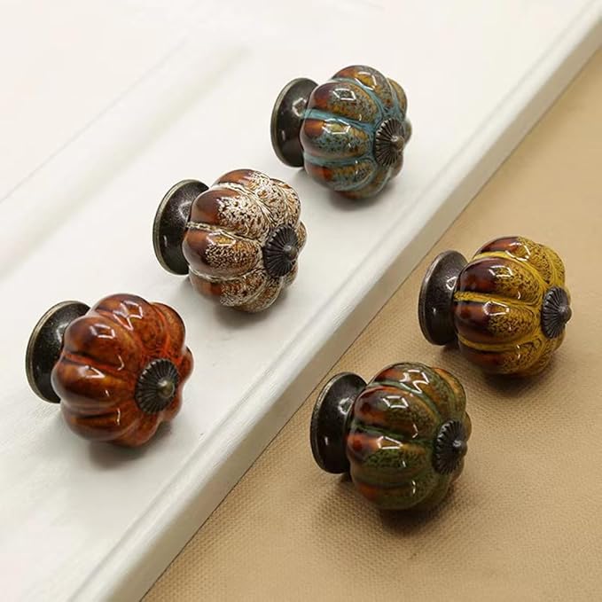 5 Pack Vintage Ceramic Pumpkin Cabinet Knobs, Kitchen Cabinet Drawers Dresser Cupboard Pull Handles Door Pulls with 5 Kinds of Screws (Leopard Print -Yellow)