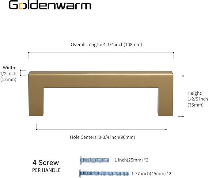 goldenwarm 5 Pack Champagne Bronze Cabinet Pulls Gold Cabinet Handles 3-3/4in Bronze Drawer Pulls Champagne Gold Drawer Handles Square Kitchen Dresser Hardware for Bedroom Cupboard