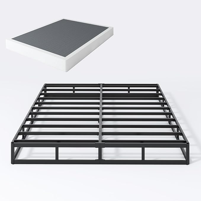 Queen Box Spring 7 Inch Low Profile Box Spring Queen Size Bed Base, 3000 lbs Black Heavy Duty Metal Mattress Foundation with Easy Clean Fabric Cover,Easy Assembly