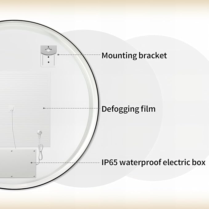 36" Round LED Bathroom Mirror, Wall Mounted Backlit Vanity Mirror with 45° Beveled Frame Lighted Mirror for Bedroom, Fog Free 3-Color Dimmable Lights Memory Function, Black