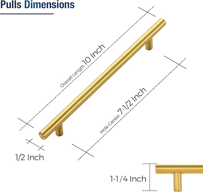 JOY DECOR 3 Pack Cabinet Handles, Gold Cabinet Pulls, 7-1/2 in Hole Center Kitchen Cabinet Handles, Stainless Steel T Bar Handles for Dresser Drawers
