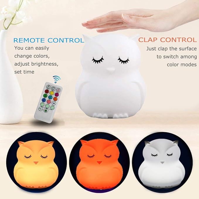 Owl Night Light Baby Bedside Lamp Child, Silicone Nursery Lamp for Breastfeeding Bedroom Mood Lights, Eye Caring, Adjustable Brightness & Color, Time Setting, Holiday Gifts - Medium