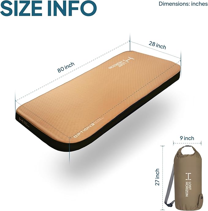 LOSTHORIZON Air & Foam Camping Mattress, Self-Inflating Sleeping Pad, 4.5" Thick, with Pump Sack, Single
