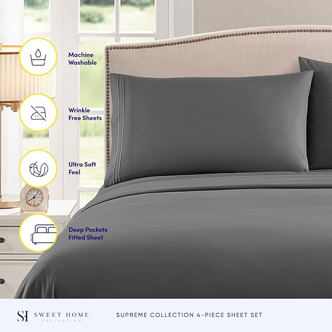 Split King Sheets - Breathable Luxury Sheets with Full Elastic & Secure Corner Straps Built In - 1800 Supreme Collection Extra Soft Deep Pocket Bedding Set, Sheet Set, Split King Size, Gray