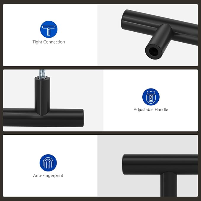 LONTAN 30 Pack Black Knobs for Cabinets and Drawers Kitchen Cabinet Knobs for Dresser Bathroom Modern T Bar Furniture Black Hardware,Stainless Steel