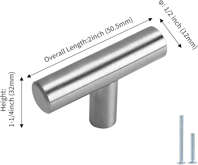LONTAN Cabinet Knobs Brushed Nickel Bathroom Dresser Knobs - LS201BSS Euro Kitchen Cabinet T Bar Drawer Pulls Round Hardware for Drawer, Single Hole, Pack of 12