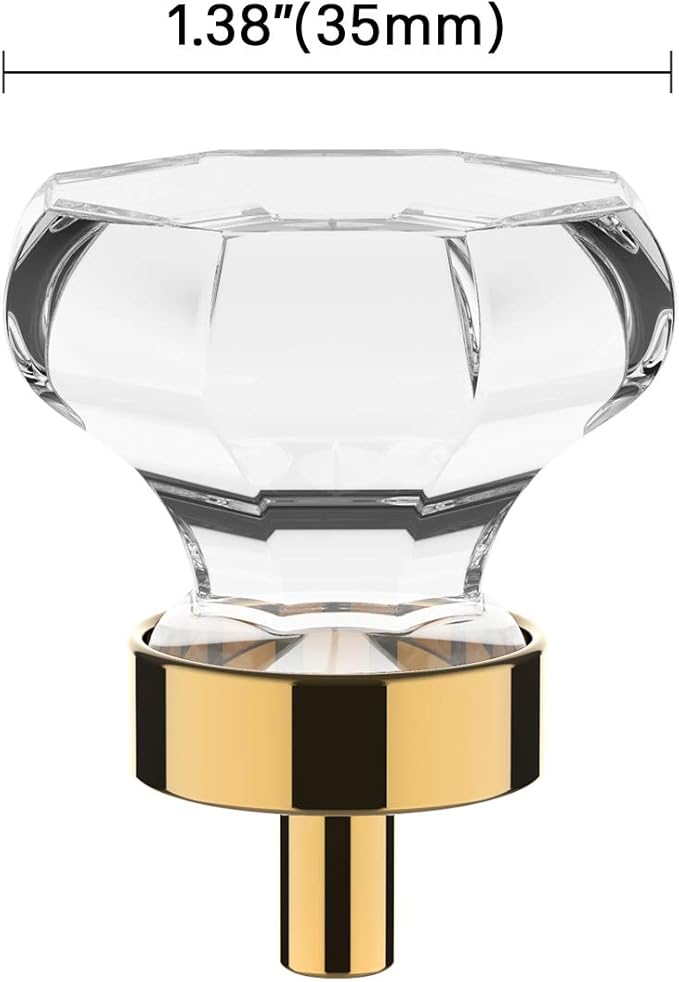 Alzassbg 10 Pack Clear Crystal with Gold Cabinet Knobs, 1-3/8 Inch(35mm) Cabinet Hardware Octagon Glass Crystal Knobs for Drawers AL1021