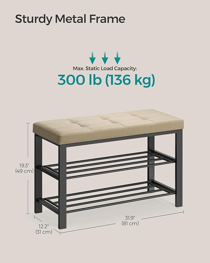 SONGMICS Shoe Bench, Storage Bench, Entryway Bench with Cushion, Shoe Shelf with Seat, Space-Saving, Modern Style, for Living Room, Bedroom, Hallway, Camel Brown and Ink Black ULBS057K01