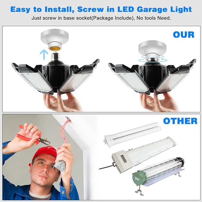 LED Garage Light - 160W Garage Light Bulb 64000LM 6500K Super Bright Garage Lighting w/ 6 Deformable Panels Screw in Shop Lights for Basement Workshop Warehouse Attic - 4Pack