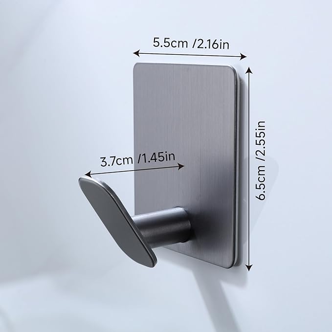 DELITON Towel Hooks for Bathrooms - 4 Pack Adhesive Wall Hooks Heavy Duty No Damage, Coat Robe Sticky Hooks for Hanging Waterproof SUS304 Stainless Steel, Grey