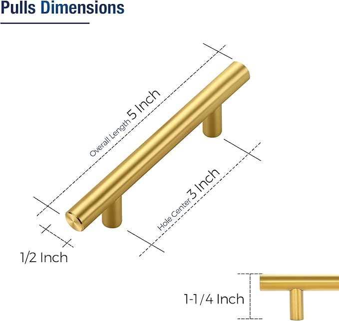 JOY DECOR 15 Pack Cabinet Handles, Gold Cabinet Pulls, 3 in Hole Center Kitchen Cabinet Handles, Stainless Steel T Bar Handles for Dresser Drawers