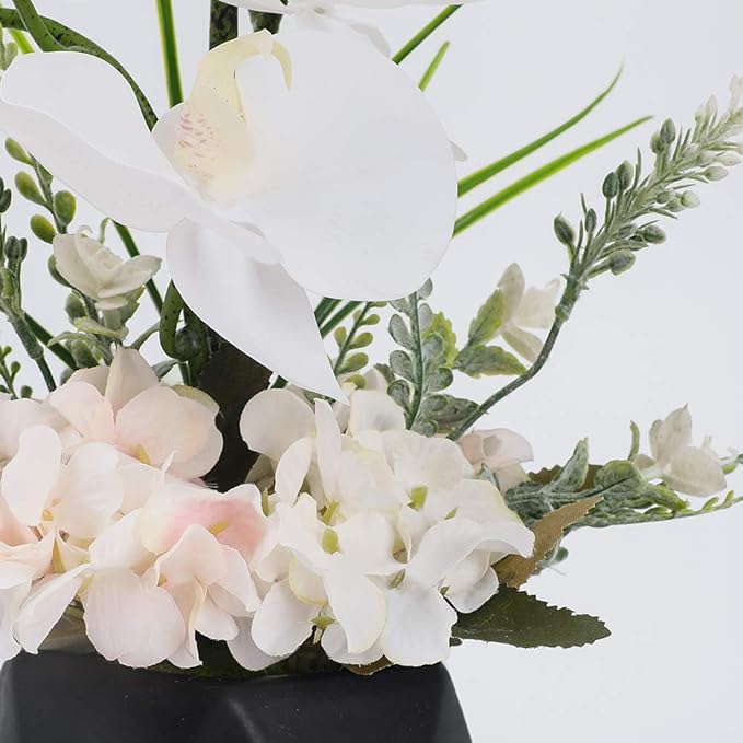 LESING Artificial Potted Orchid Flower for Table Centerpieces,Real Touch White Fake Orchid Flowers in Vase for Home Decoration (Style 2,Black Vase)