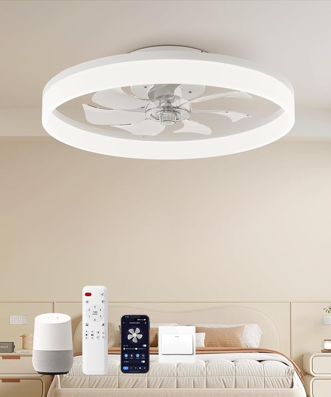 Smart Ceiling Fans with Light and Remote,20'' Low Profile Ceiling Fan with 6-Speed & Dimmable LED, Alexa/APP Home Voice Control, App, Reversible Airflow, App Timer, for Beedroom（White）