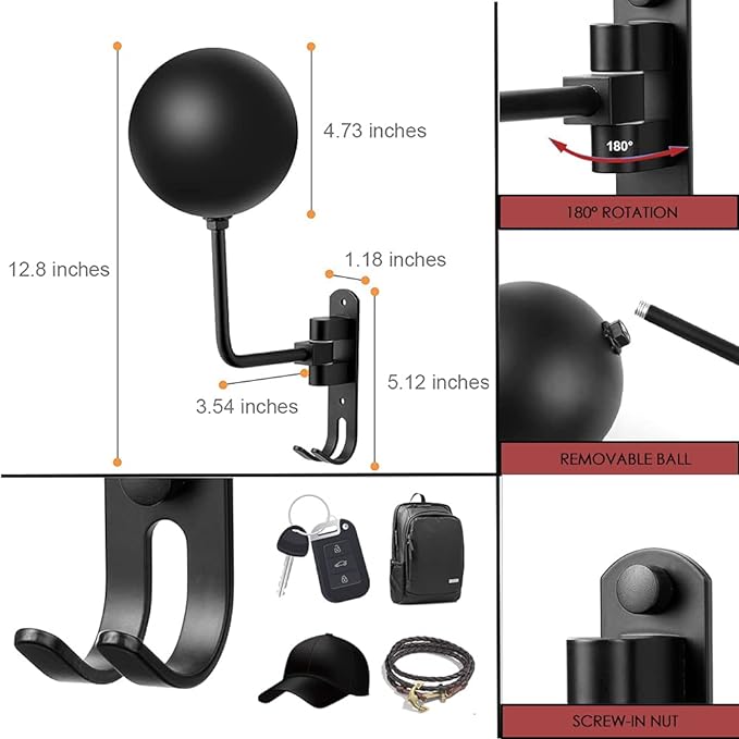 SANGMO 6 Pack 180° Motorcycle Helmet Holder Wall Mount, Rotation Metal Helmet Rack, Helmet Holder Bike with 2 Hooks Helmet Hanger for Motorcycle Bike Coats, Caps, Baseballs, Rugby Helmet (Black)