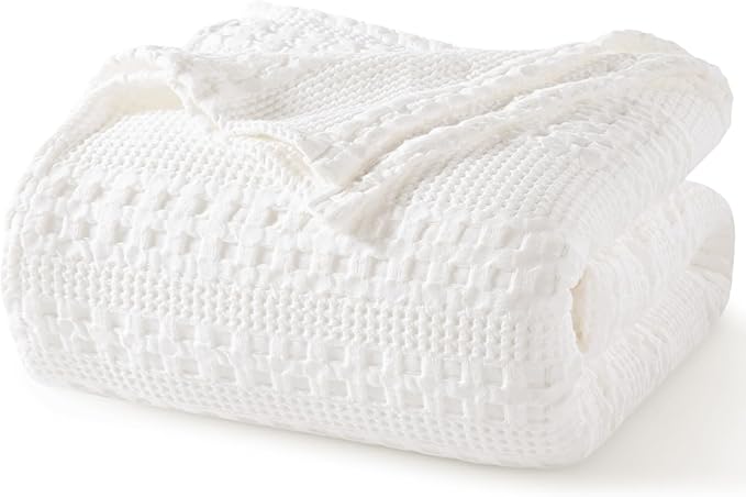 PHF 100% Cotton Waffle Weave Blanket Queen Size for Bed, Soft Lightweight & Breathable, All-Season Comfort, Luxury Aesthetic Woven Bedding for Home Decor, 90"x90", White