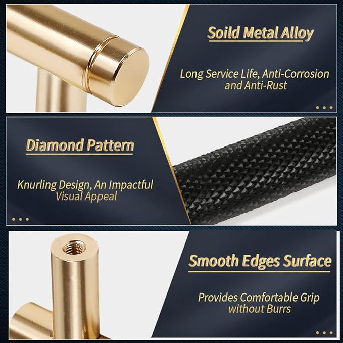 Knurled Cabinet Pulls 2 Pack, 5 Inch Long Cabinet Handles Metal Door Pulls, Kitchen Drawer Pull Knurled Dresser Handles - 3 3/4" Hole to Hole, Black & Gold