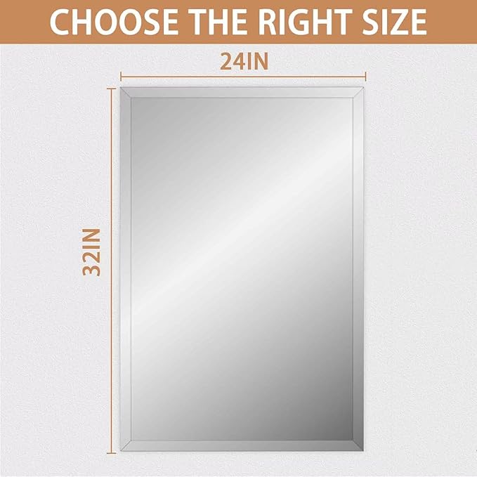 Frameless Mirror for Bathroom Vanity,24x32in Wall Mounted Mirrors for Over Sink Decorative Rectangular Frameless Mirror,With Polished Edge,Hangs Horizontally Or Vertically,Entryways,Room,Shatterproof