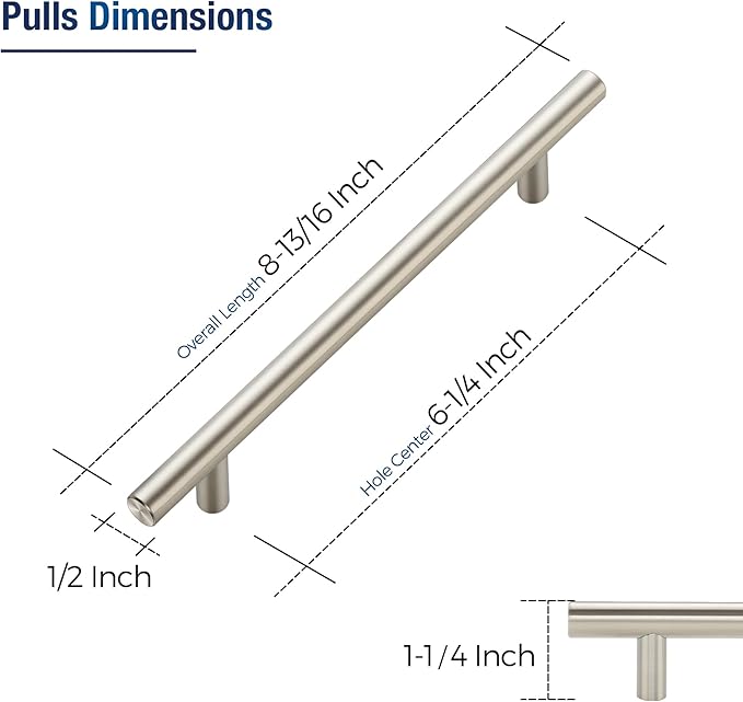 JOY DECOR 45 Pack Cabinet Handles, Brushed Nickel Cabinet Pulls, 6-1/4 in Hole Center Kitchen Cabinet Handles, Stainless Steel T Bar Handles for Dresser Drawers