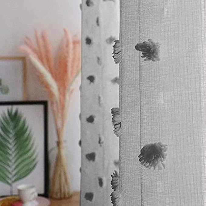 MYSKY HOME Pom Pom Grey Sheer Curtains for Bedroom Girls Room Curtains 63 inch Length for Nursery Kids Light Filtering Boho Window Drapes, Rod Pocket, 38" Wide, 2 Panels