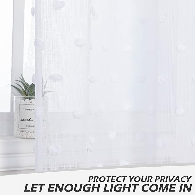 MYSKY HOME White Curtains for Living Room 84 Inch Length Long Pom Pom Curtains for Bedroom Sheer Curtains for Nursery Windows Rod Pocket Privacy Drapes Dining Room 52" x 84" 2 Panels
