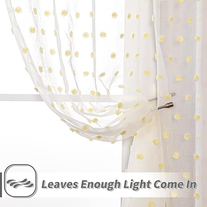 MYSKY HOME Short Curtains for Small Window - 45 Inch Long Pom Pom Sheer Curtains for Bedroom, Living Room, Kitchen, Nursery - Yellow Cafe Panels with Rod Pocket - 2 Sets Voile - 52 x 45 in