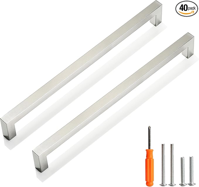 Cabinet Pulls Brushed Nickel Cabinet Handles Square Drawer Pulls, 40 Pack 10 Inch Stainless Steel Kitchen Door Cupboard Cabinet Handles, Cabinet Hardware Drawer Handles, 256mm Hole Centers