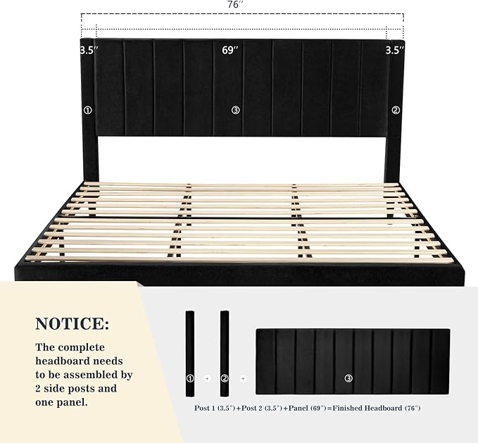 Allewie King Bed Frame/Velvet Upholstered Bed Frame with Vertical Channel Tufted Headboard/Strong Wooden Slats/Platform Bed Frame/Mattress Foundation/Box Spring Optional/Easy Assembly/Black