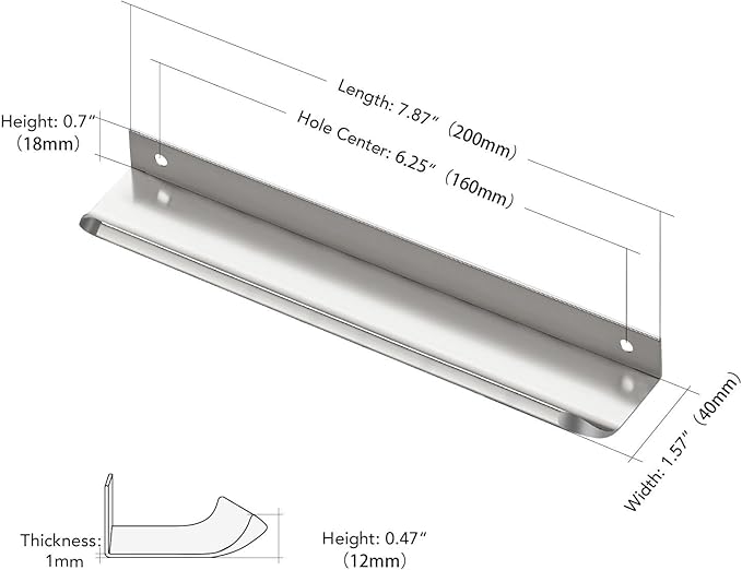 Ravinte Hardware 10 Pack Silver Cabinet Handles, 7.8 Inch (200mm) Finger Edge Pulls, 6-1/4 Inch Hole Center, Finger Pulls for Cabinets