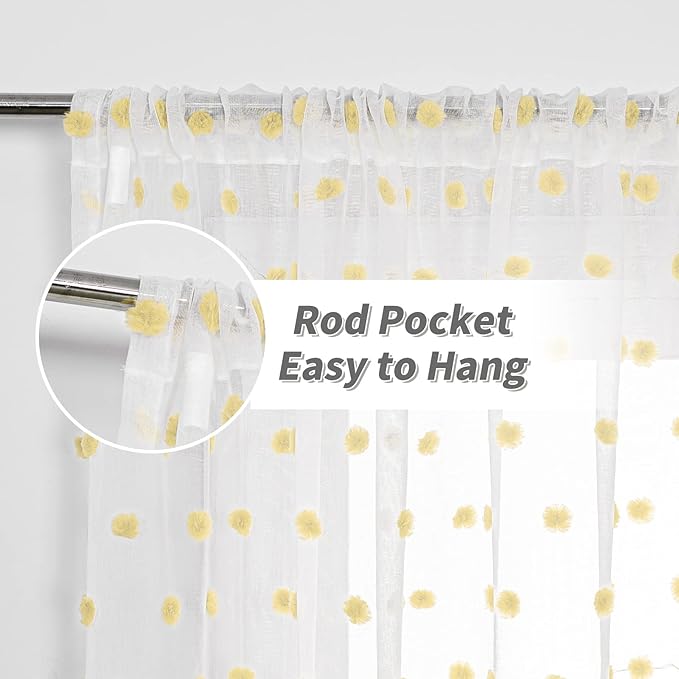 MYSKY HOME Curtains for Bedroom Yellow Pom Pom Curtains for Living Room 72 Inch Length Long Doorway White Sheer Curtains for Nursery Teens Kids Room Set of 2 Rod Pocket Farmhouse 52 x 72 in