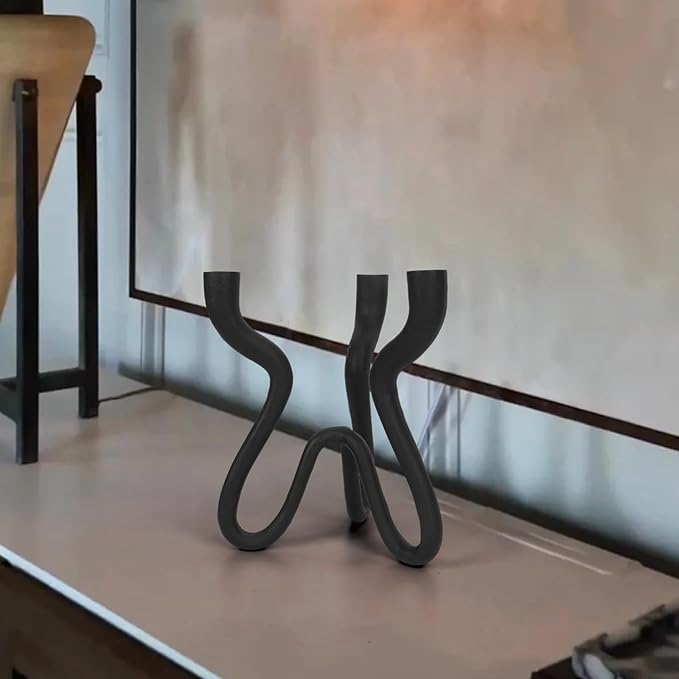 Triple Candle Holder Candelabra - Cast Iron Metal Taper Candlestick Stand with Matte Black Finish - Elegant Wedding Centerpiece for Home, Dining, Event Decor