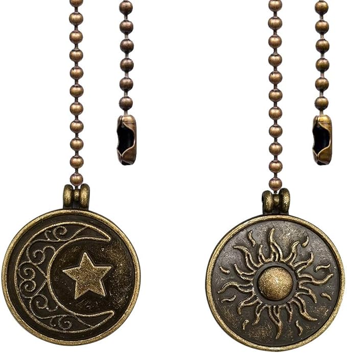 Copper Ceiling Fan Pull Chain Set, Decorative Totem Fan Pull Chain Pendant Extension, 12 Inches Lighting & Fan Beaded Ball Chain Extender Ornament with Connector, Moon and Sun (2Pack)
