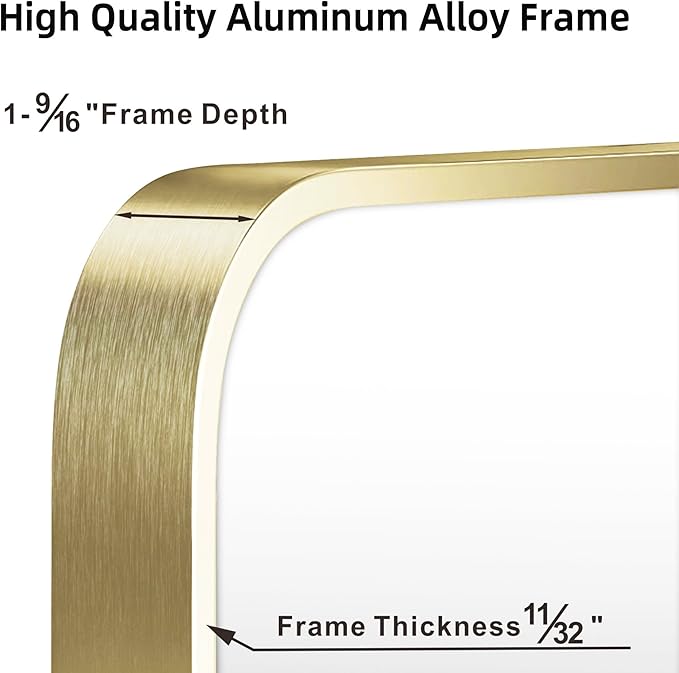 French Gold Mirror for Wall Decor, 40x30 Inch Brushed Brass Metal Framed Rectangle Wall Mirror for Bathroom Vanity, Living Room, Bedroom, Farmhouse, Hangs Vertically or Horizontally