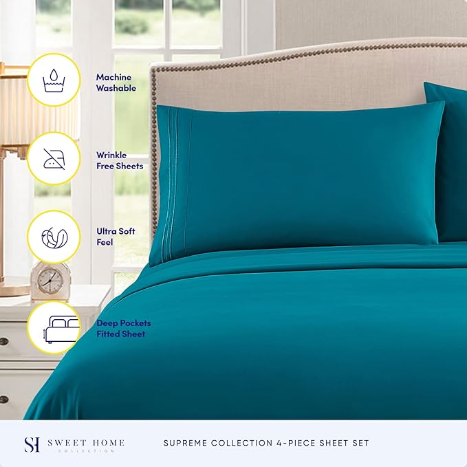 RV Queen Bed Sheets - Breathable Luxury Sheets with Full Elastic & Secure Corner Straps Built In - 1800 Supreme Collection Extra Soft Deep Pocket Bedding Set, Sheet Set, RV Short Queen, Teal